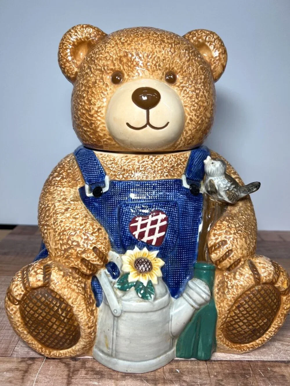 Ceramic Bear Cookie Jar With Blue Overalls & Watering Can